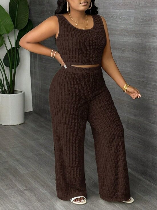 MODA ME COUTURE Pants - Brown Casual Women's Plus Size Sleeveless Pants Set